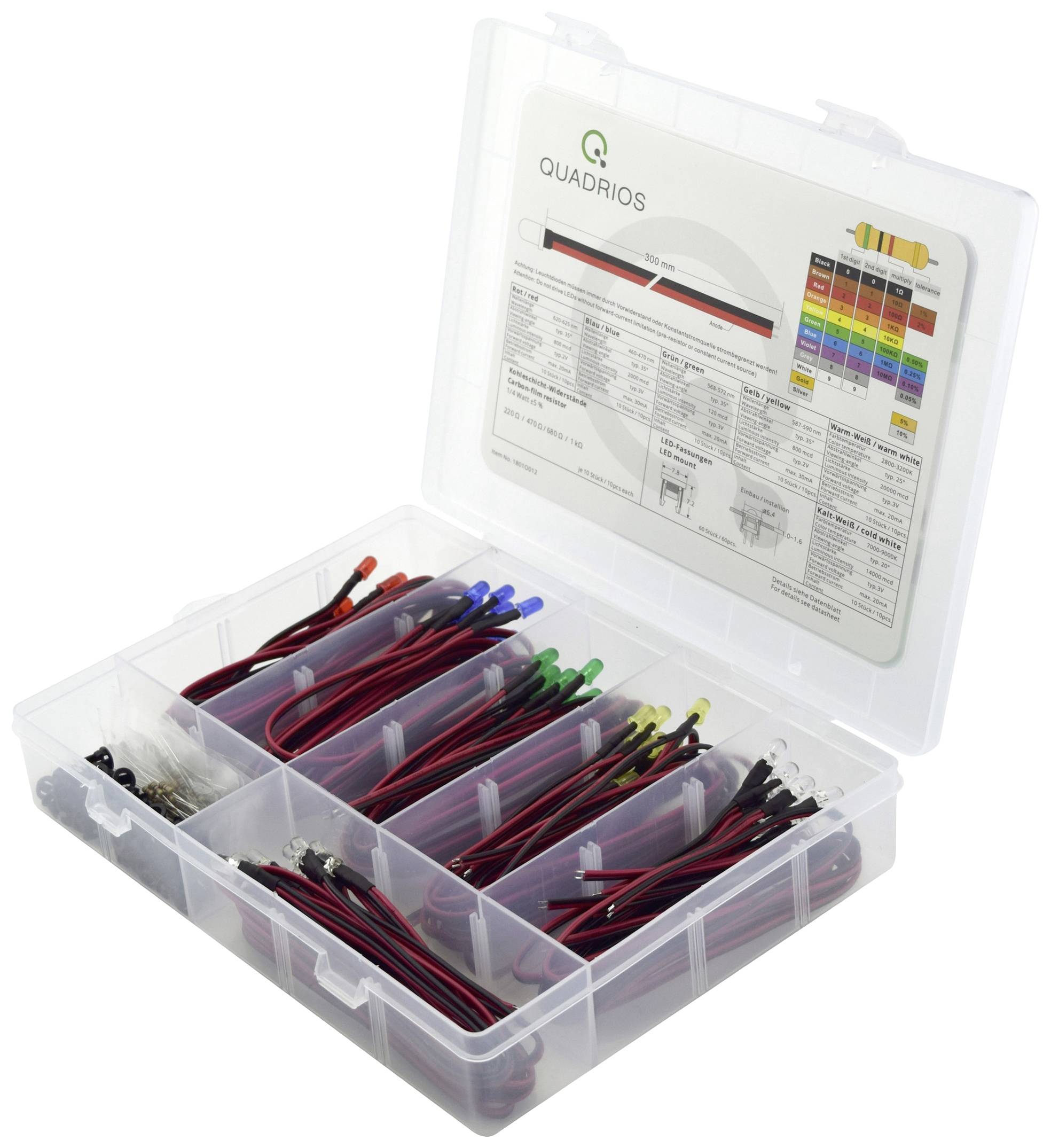 Eine geöffnete Kunststoffbox mit sortierten Kabeln und Steckverbindern in verschiedenen Farben. Ein Inhaltsverzeichnis im Deckel.