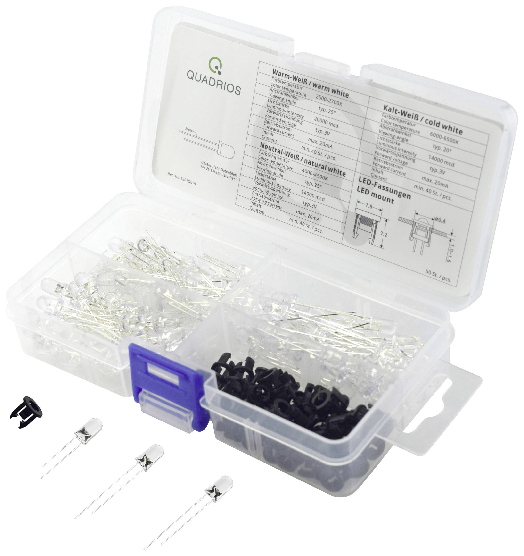 Plastikbox mit mehreren Fächern, gefüllt mit weißen und schwarzen LED-Komponenten. Oben ein Diagramm mit technischen Details.