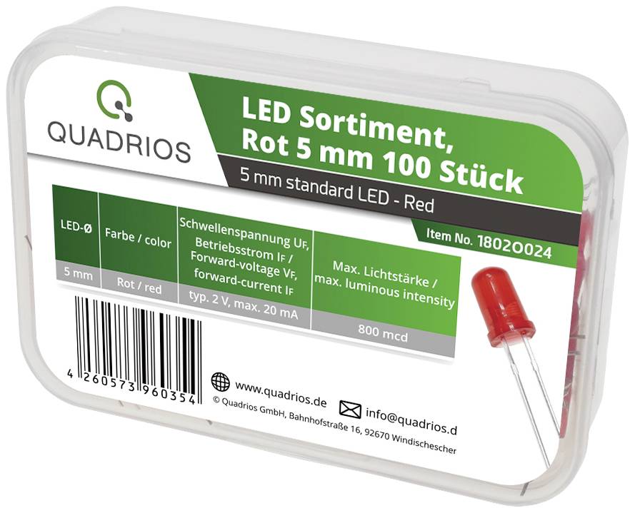 Verpackung mit 100 roten 5 mm LEDs von Quadrios. Enthält technische Details: 2 V, max. 20 mA, 800 mcd Helligkeit. Artikelnummer 18020024.