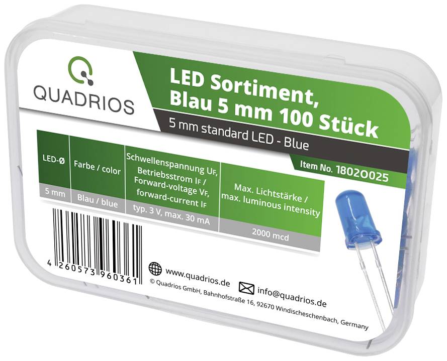 Klarsichtbox mit LED-Sortiment, blau, 5 mm, 100 Stück. Beschriftet mit technischen Daten wie Schwellen- und Vorwärtsspannung.