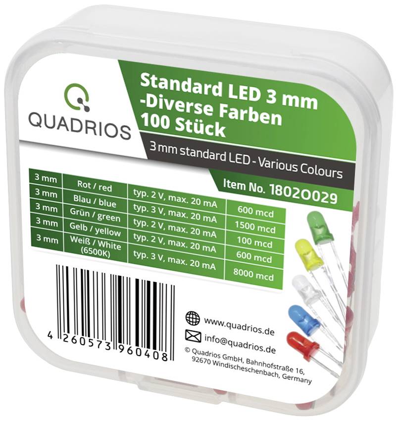 Verpackung mit 100 LEDs in verschiedenen Farben (Rot, Blau, Grün, Gelb, Weiß), 3 mm Größe, jeweils mit technischen Spezifikationen.