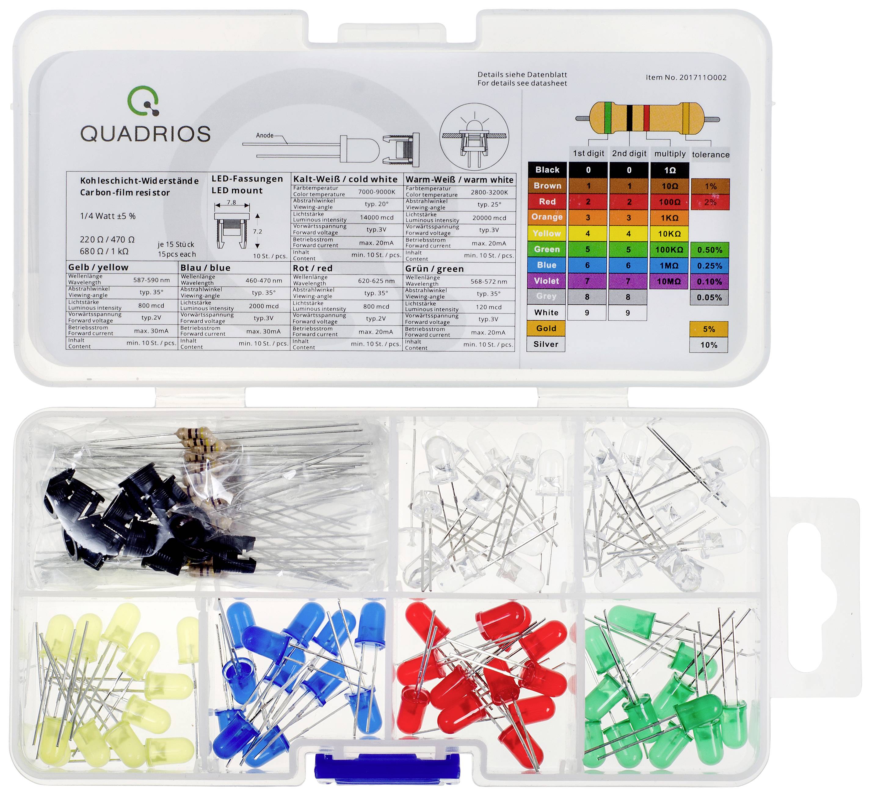 'Set von LEDs in verschiedenen Farben (blau, rot, grün, gelb, weiß) in einer Sortimentsbox. Jede Farbe hat eigene Spezifikationen.'