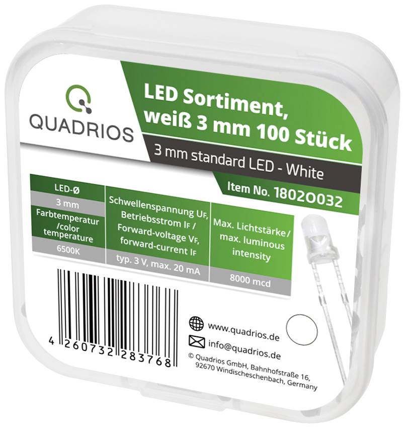 'LED Sortiment, weiß 3 mm, 100 Stück' auf quadratischer Verpackung. Enthält LED-Spezifikationen, Herstellerlogo und Barcode.