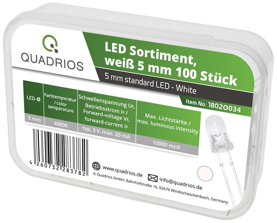 Eine Box mit 100 weißen 5 mm LED-Lichtern von Quadrios. Aufdruck: 'LED Sortiment, weiß 5 mm 100 Stück'.
