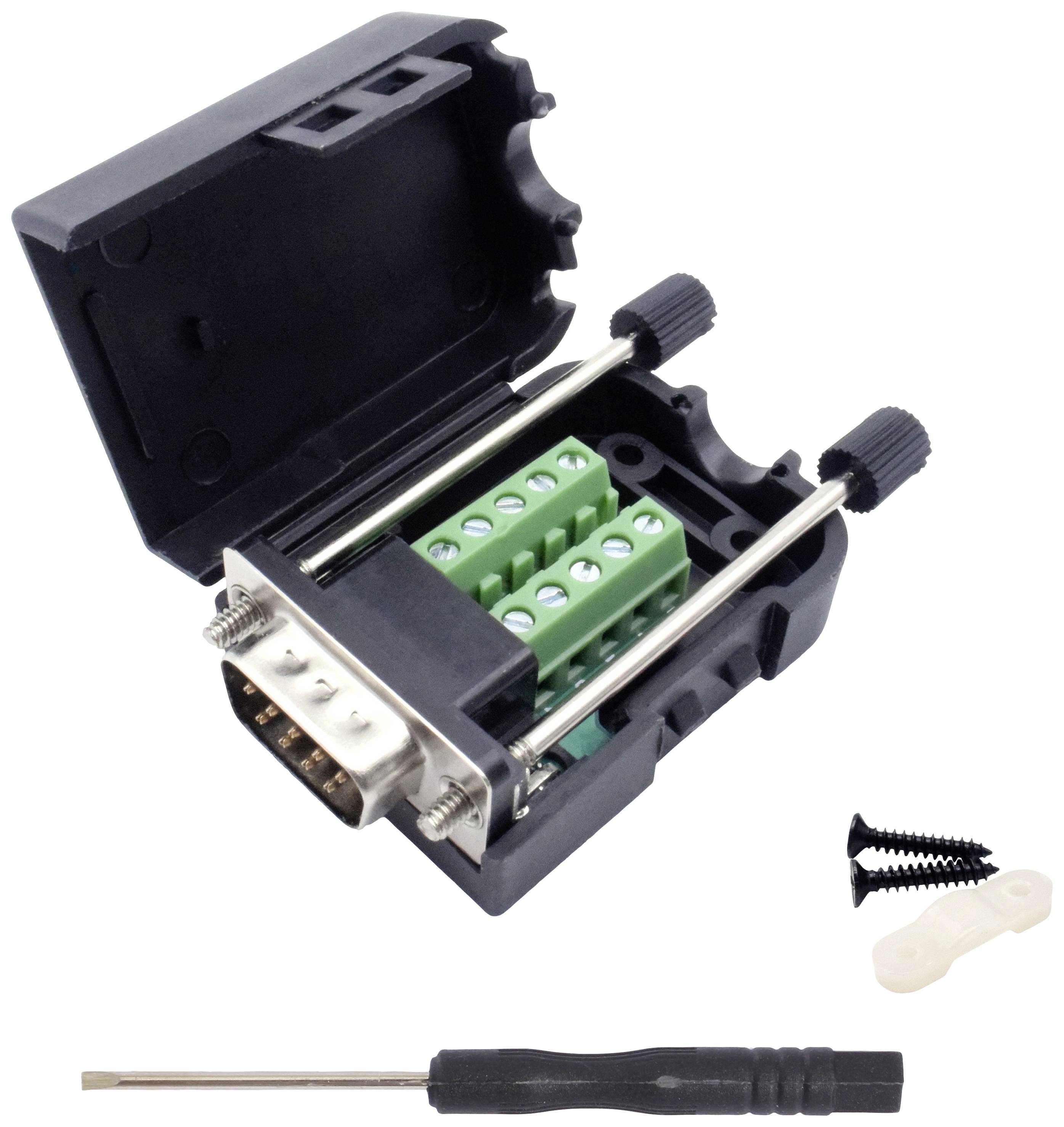 Ein DB9-Stecker-Adapter in offenem Gehäuse, mit Schraubendreher und Befestigungsschrauben, dient zur Kabelverbindung.