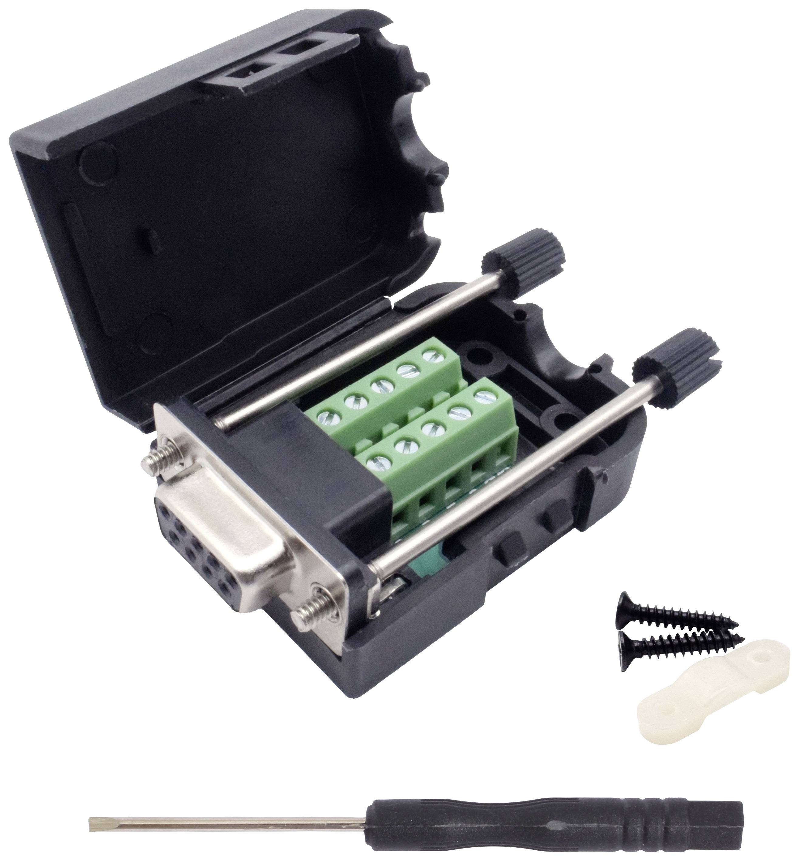 Ein RS-232 D-Sub-Adapter mit abgenommenem Gehäusedeckel, zeigt interne Schraubklemmen. Daneben liegen ein Schraubendreher und Montageschrauben.