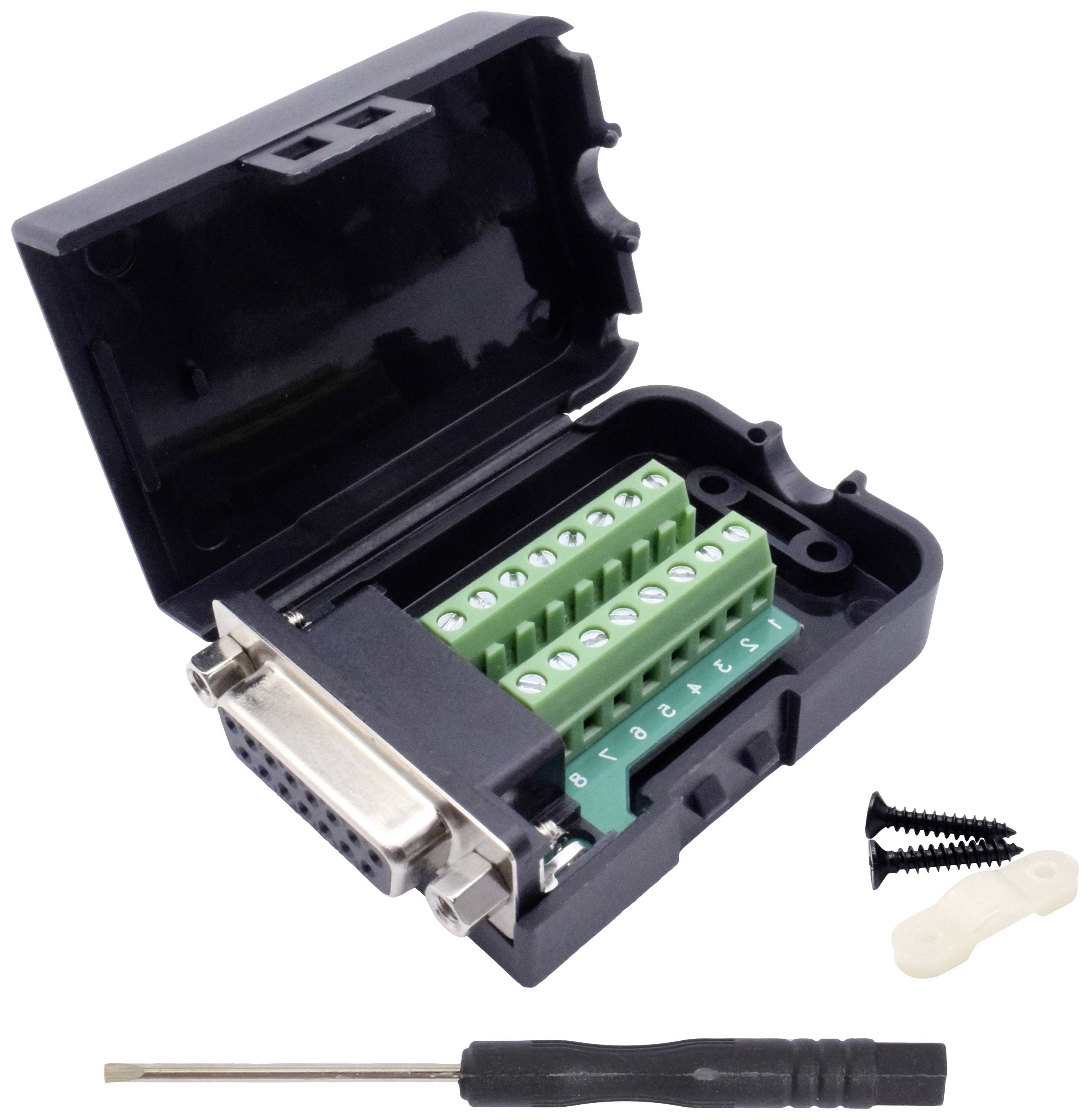 Schwarze Gehäuse mit offenem Deckel, beherbergt grüne Anschlussklemmen. Beiliegend sind Schrauben und ein kleiner Schraubendreher.