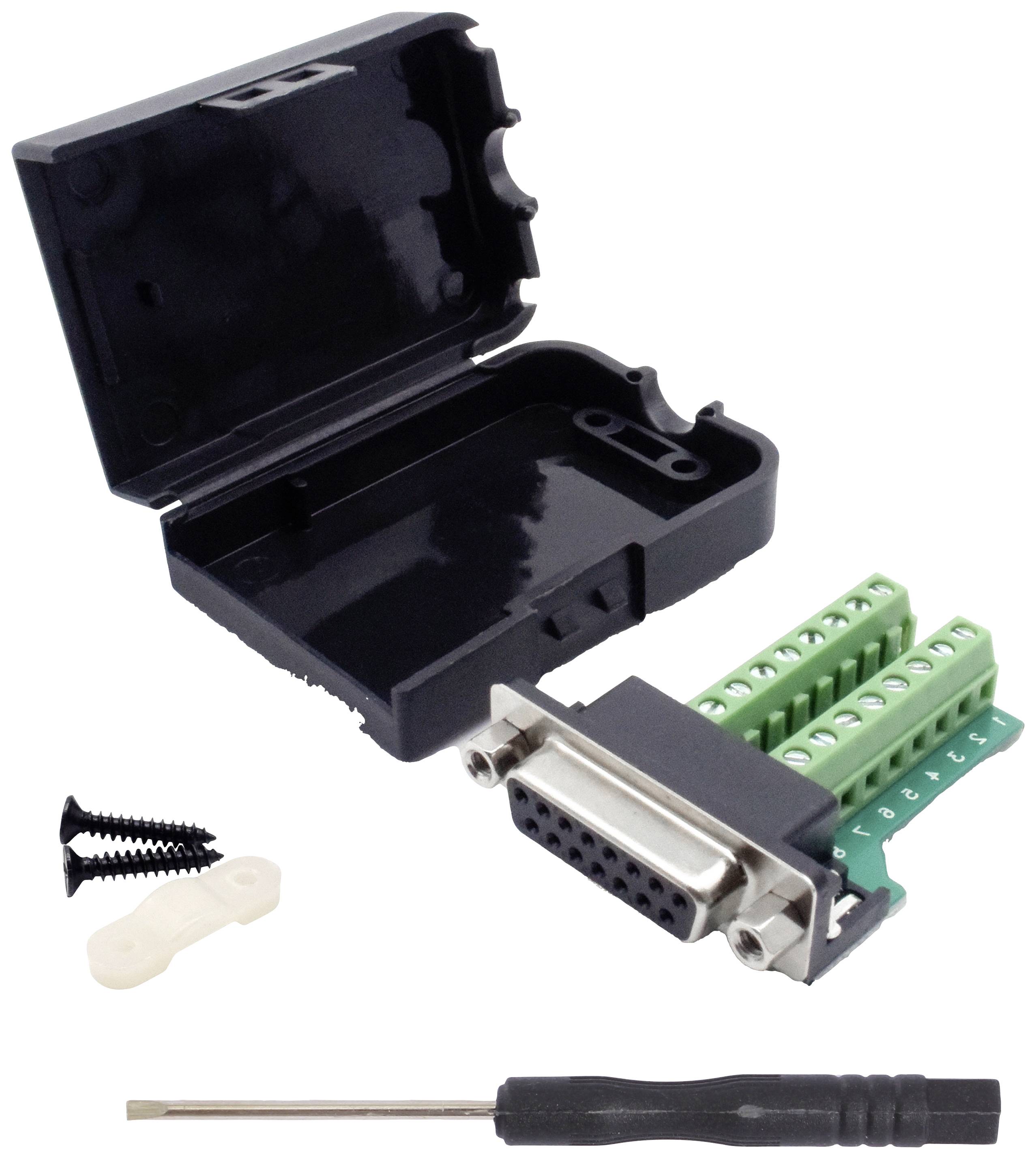 Ein schwarzes Gehäuse für einen elektrischen Stecker ist geöffnet. Daneben liegen ein Schraubendreher und Schrauben.