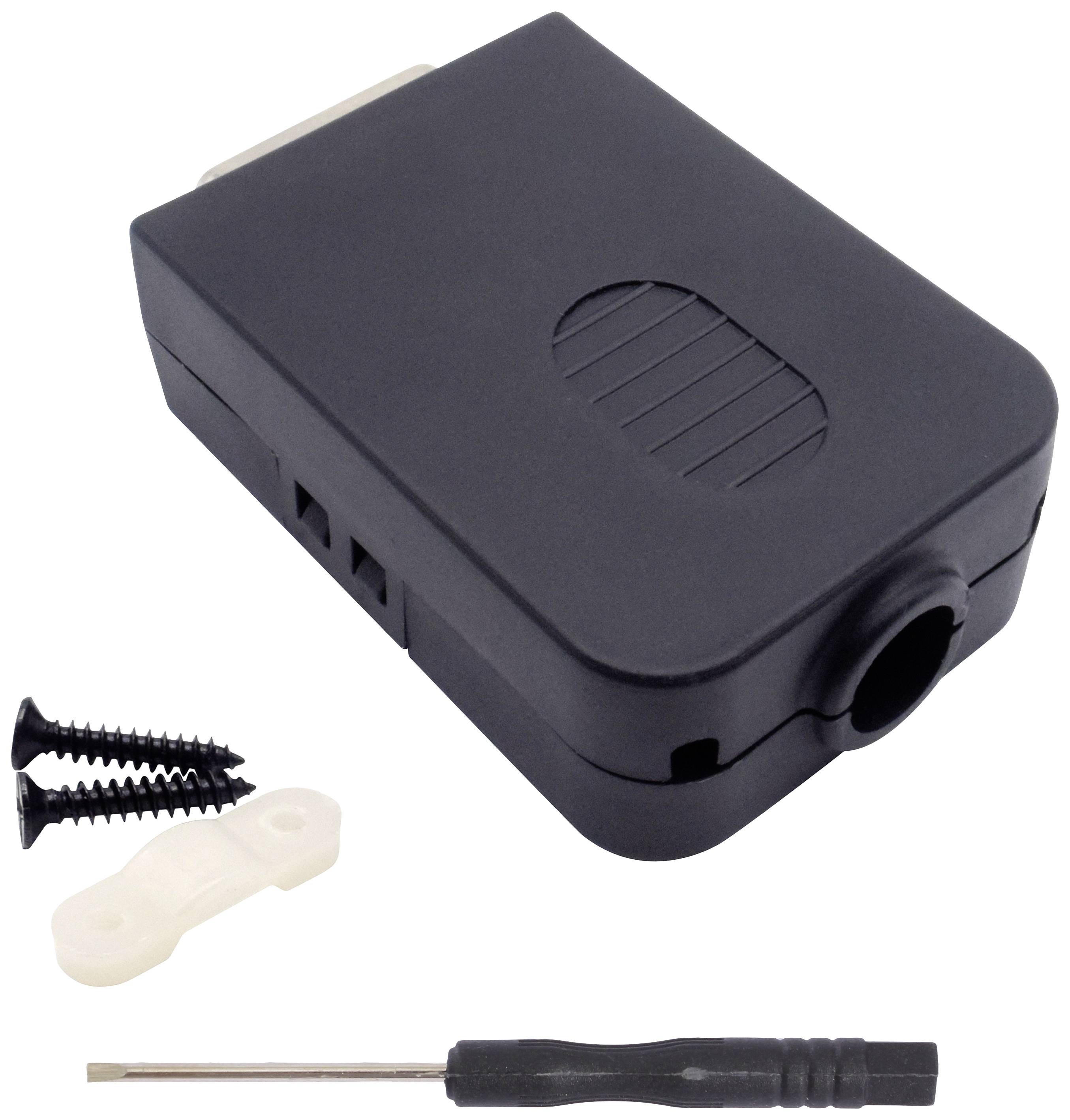 Ein schwarzer Adapter mit ovaler Struktur auf der Oberfläche, daneben zwei Schrauben, eine weiße Halterung und ein kleiner Schraubendreher.