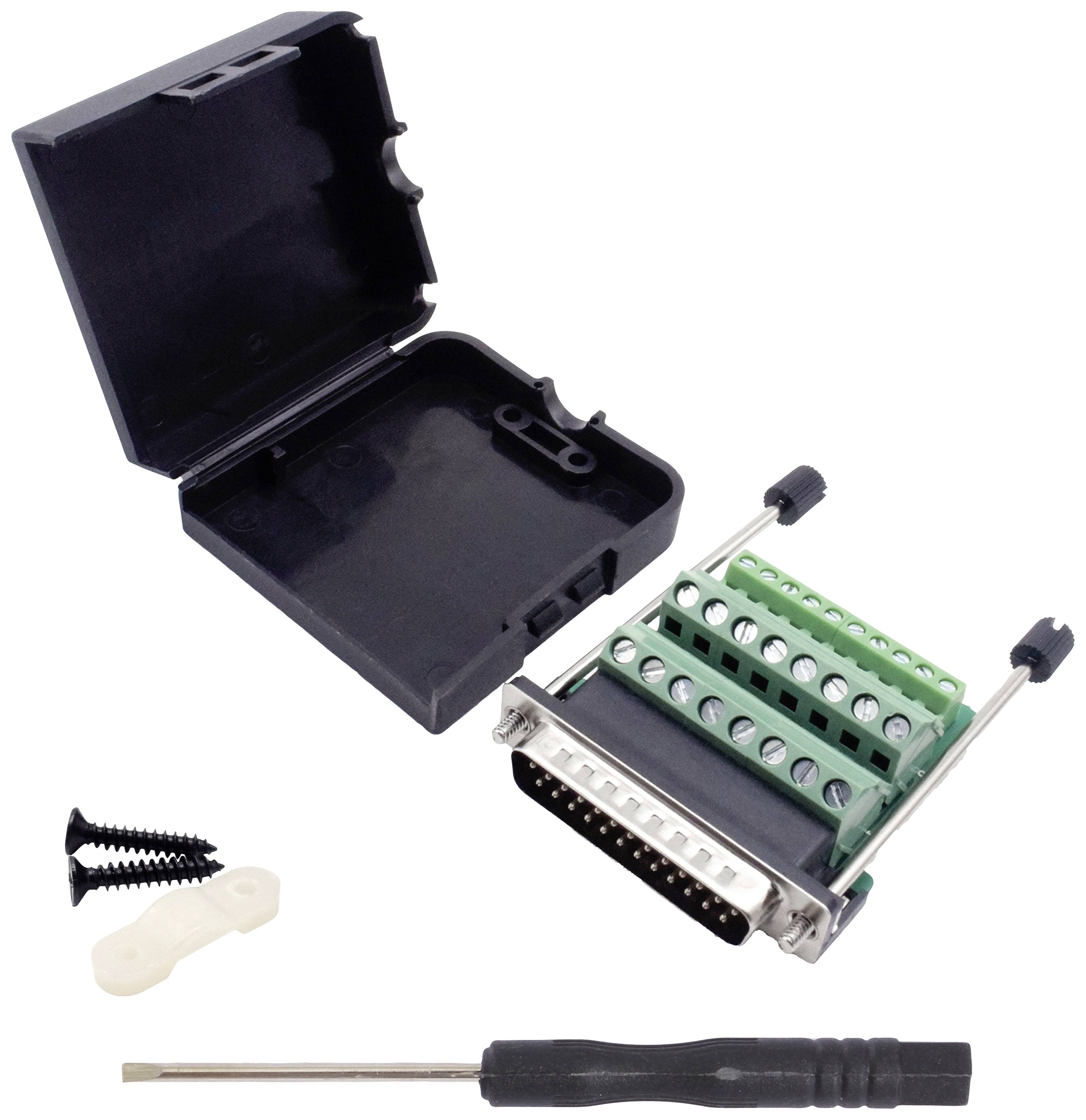 Abgebildet ist ein schwarzes Gehäuse mit einem elektronischen Anschluss, Schrauben, einem Kunststoffteil und einem Schraubendreher.