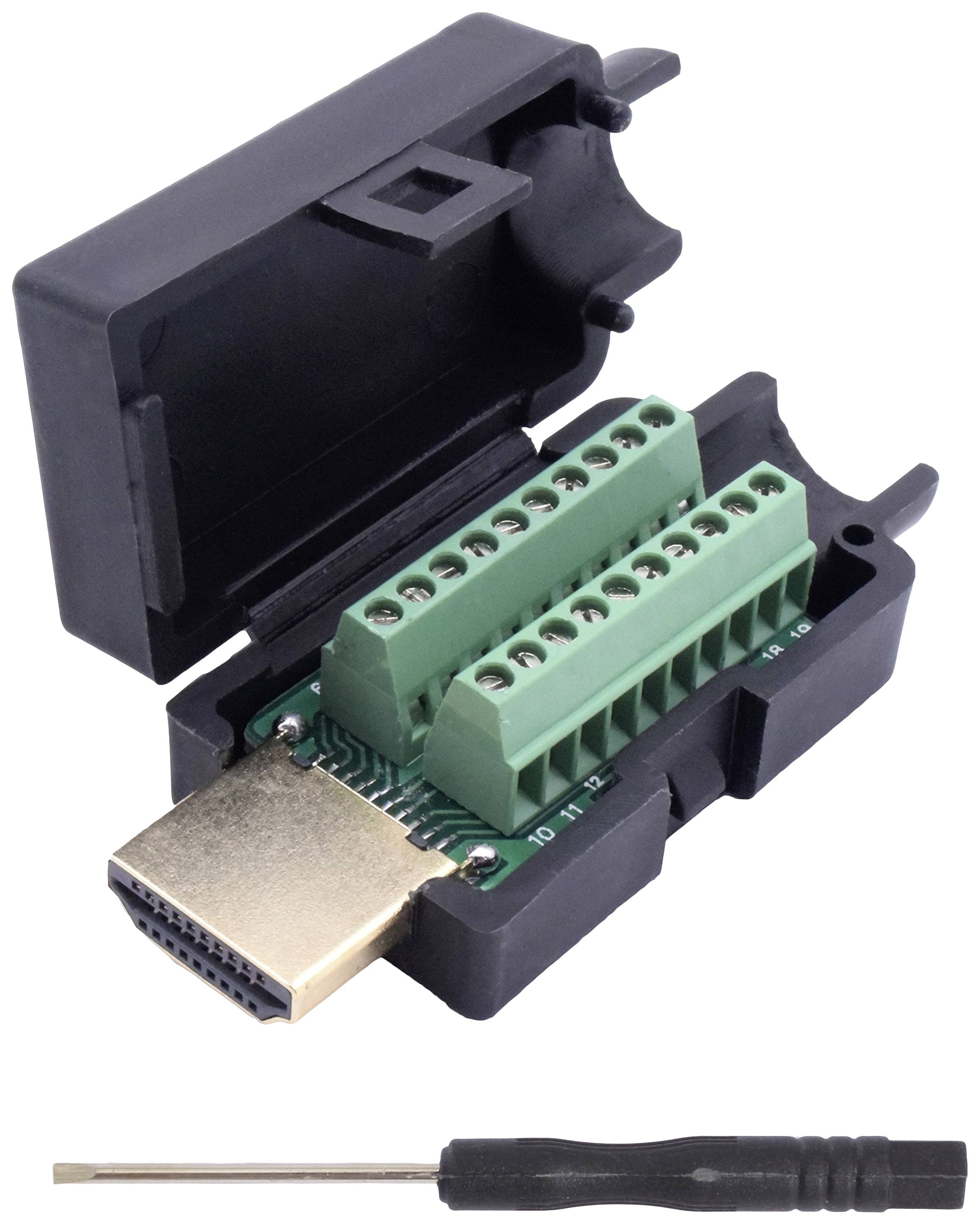 Ein HDMI-Buchsen-Adapter mit offenem Gehäuse, das interne grüne Anschlussklemmen zeigt; darunter liegt ein kleiner Schraubendreher.