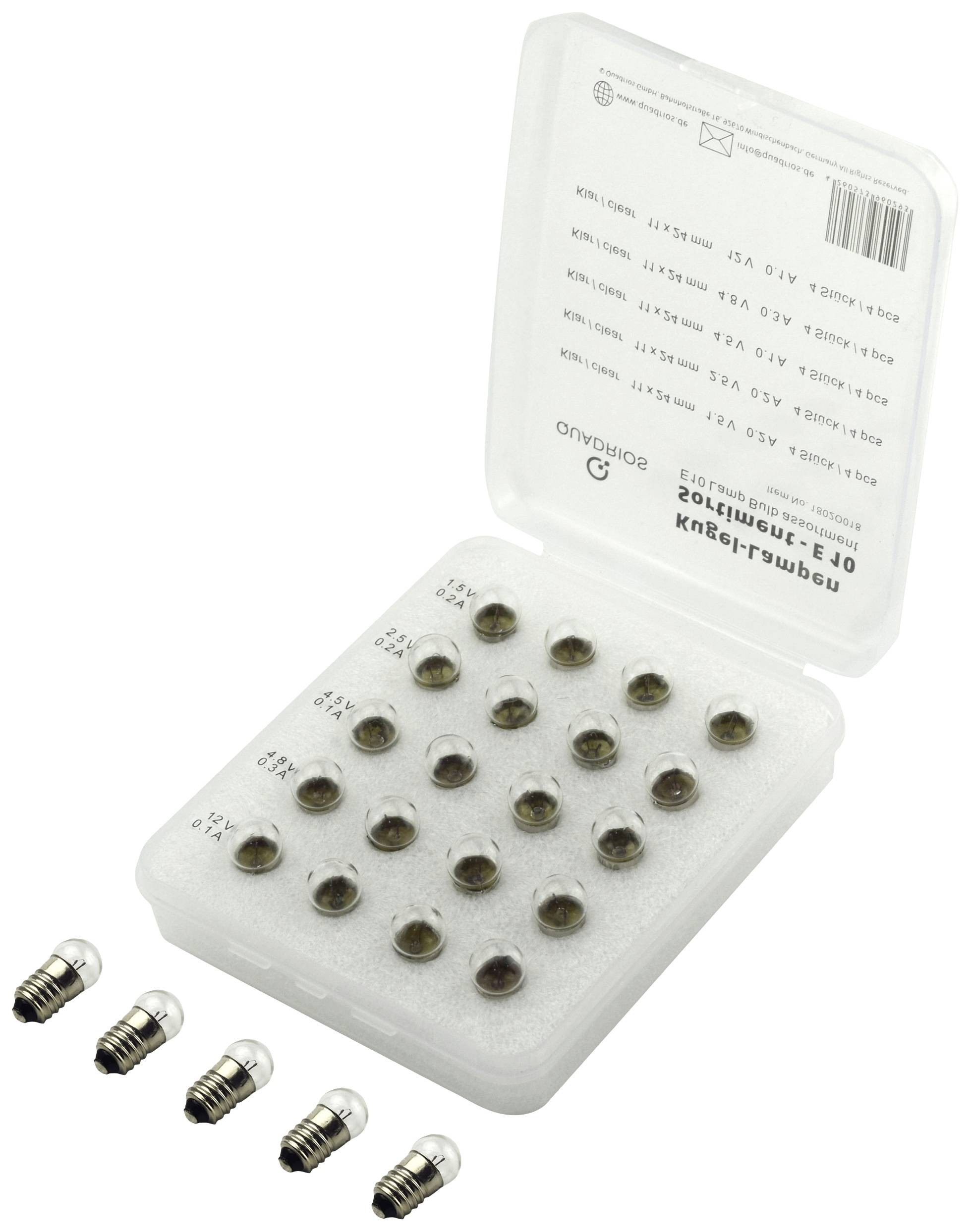 Ein offenes Etui mit mehreren kleinen Glühbirnen in einer Schaumstoffhalterung, daneben fünf einzelne Glühbirnen.