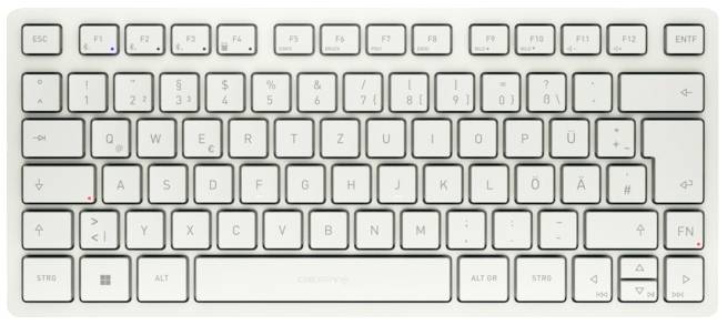 Eine kompakte, weiße QWERTZ-Tastatur mit deutschem Layout, Funktionstastenreihe oben und Pfeiltasten unten rechts.