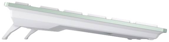 Ein seitlicher Blick auf eine weiße Computertastatur mit leicht geneigtem Design und erhöhten Tasten.