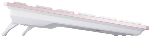 Eine flache, weiß-rosa Computertastatur von der Seite betrachtet, mit hervorstehenden Tasten und zwei Stützen auf der Rückseite.