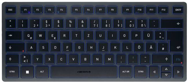 Deutsche QWERTZ-Tastatur mit 75 Tasten, darunter Funktionstasten, Pfeiltasten und Ziffern, in einer kompakten Anordnung.