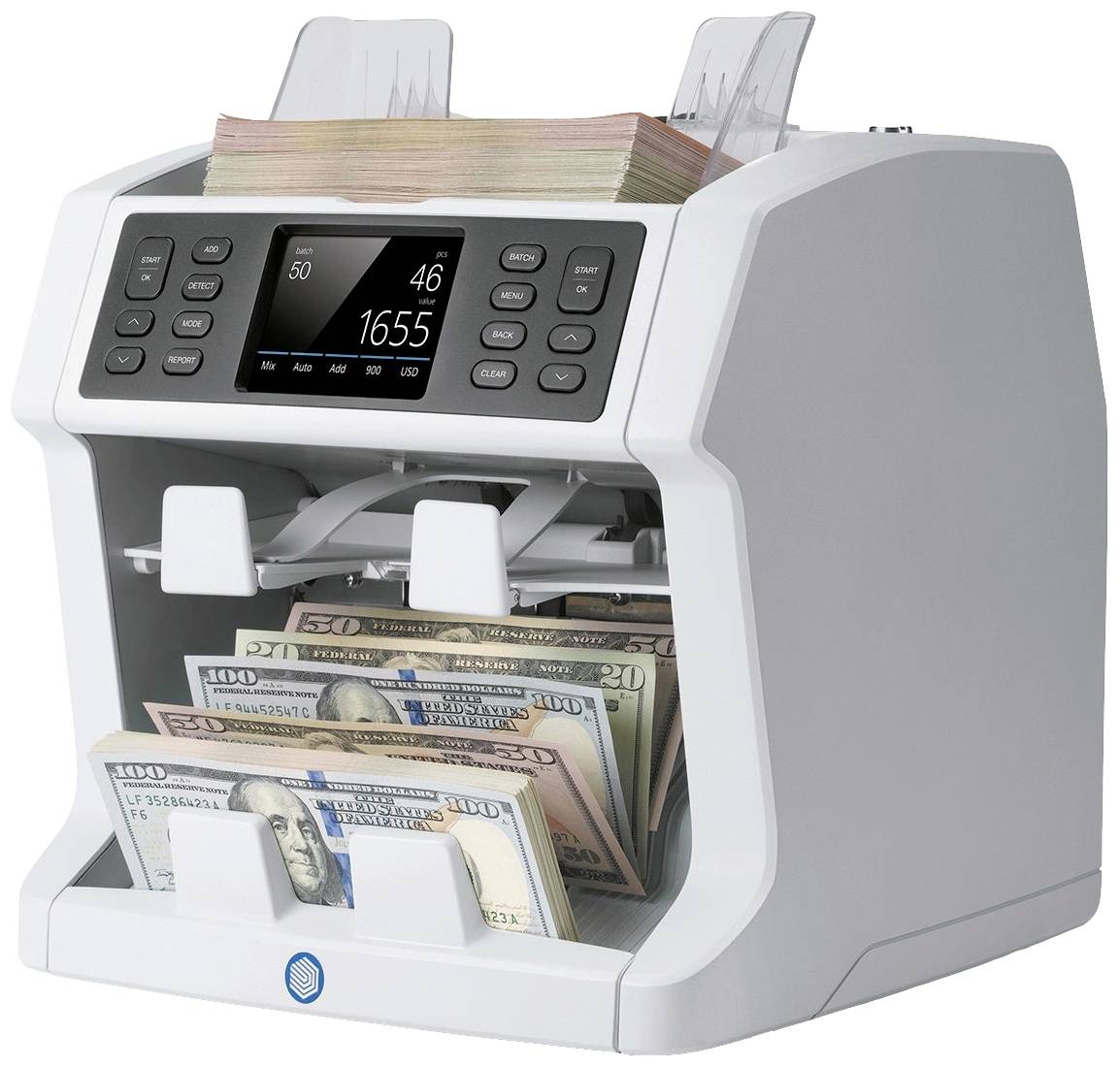 Geldzählmaschine zählt amerikanische Dollarscheine, zeigt die Anzahl und den Wert der gezählten Scheine auf einem Display an.