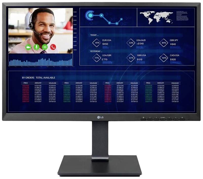 Ein Computermonitor zeigt eine Videokonferenz mit einem lächelnden Mann. Im Hintergrund sind Finanzdiagramme und Weltkarten sichtbar.