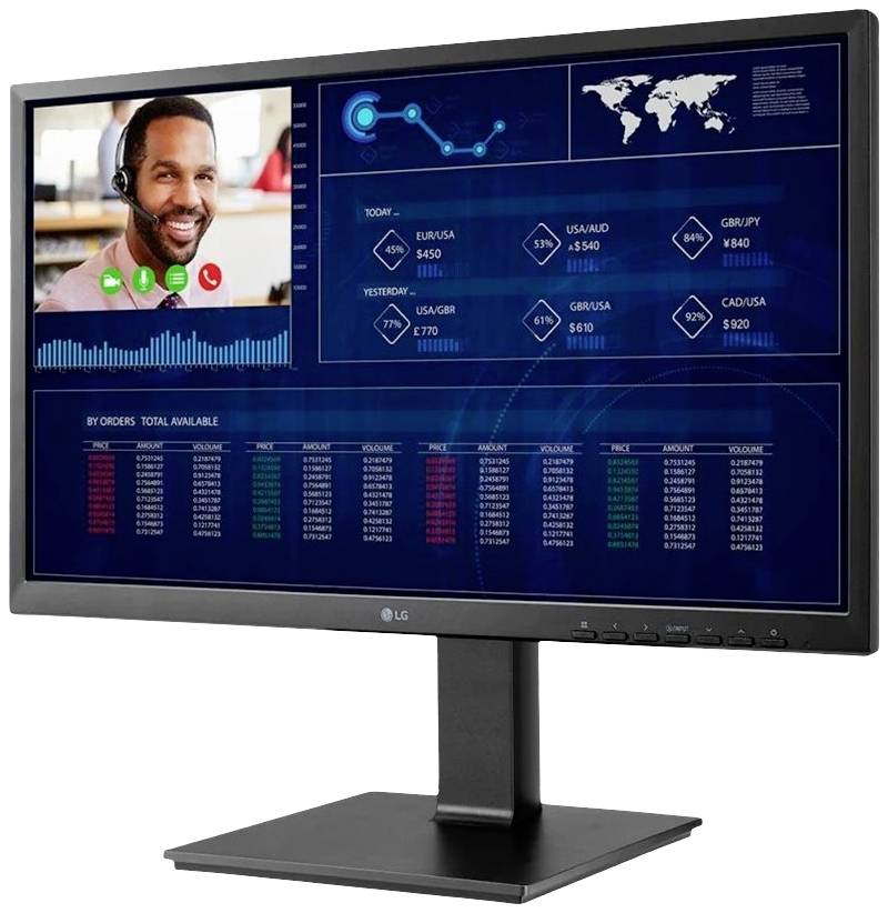 Ein Computermonitor zeigt ein Finanz-Dashboard. Oben rechts sind Diagramme und Währungen, links ein Videoanruf mit einer Person.