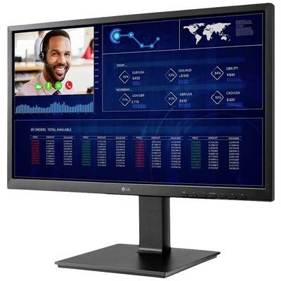 Ein Computermonitor zeigt ein Finanz-Dashboard. Oben rechts sind Diagramme und Währungen, links ein Videoanruf mit einer Person.