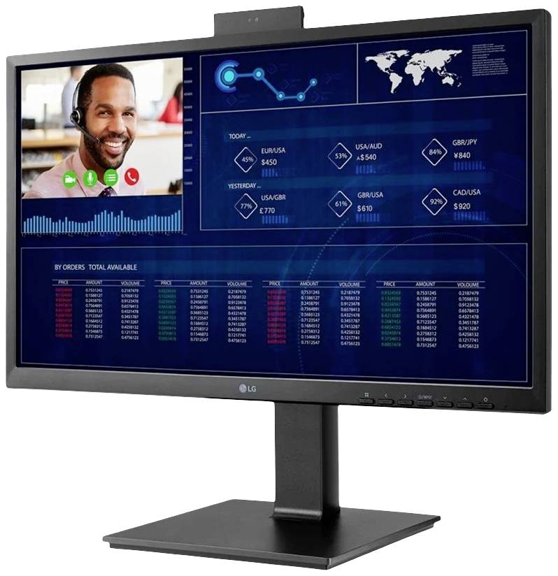Ein Computermonitor zeigt eine Videokonferenz mit einer lächelnden Person. Auf der rechten Seite sind Finanzdaten und Diagramme sichtbar.