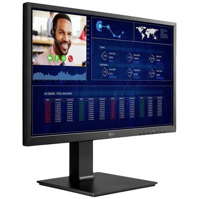 Ein Computerbildschirm zeigt eine Videokonferenz mit einem lächelnden Mann und Geschäftsdaten, darunter Grafiken und eine Weltkarte.