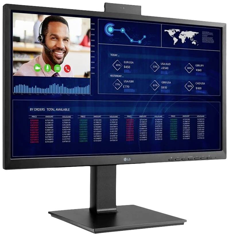 Ein Computermonitor zeigt ein Dashboard mit einem Diagramm und Videoanrufsoftware. Oben rechts ist eine Weltkarte und Daten zu Währungskursen sichtbar. Ein Mann ist im Videoanruf zu sehen.