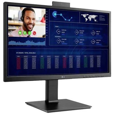 Ein Computermonitor zeigt ein Dashboard mit einem Diagramm und Videoanrufsoftware. Oben rechts ist eine Weltkarte und Daten zu Währungskursen sichtbar. Ein Mann ist im Videoanruf zu sehen.