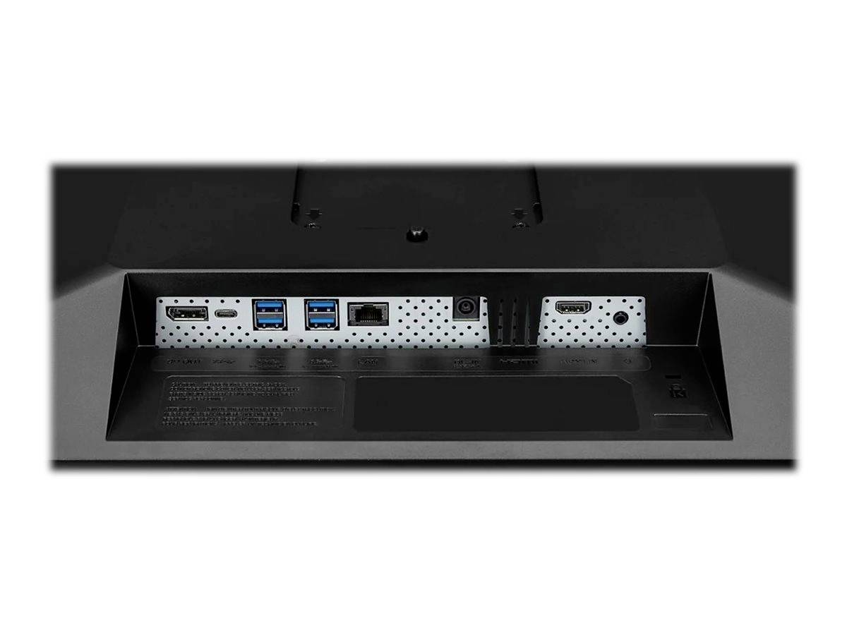 Rückansicht eines Monitors mit verschiedenen Anschlüssen, darunter HDMI, DisplayPort, USB und Ethernet-Anschluss, geordnet in einer Reihe.