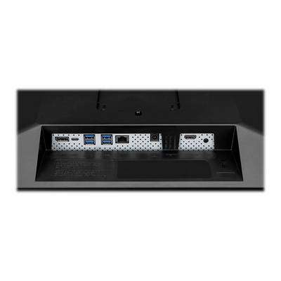 Rückansicht eines Monitors mit verschiedenen Anschlüssen, darunter HDMI, DisplayPort, USB und Ethernet-Anschluss, geordnet in einer Reihe.