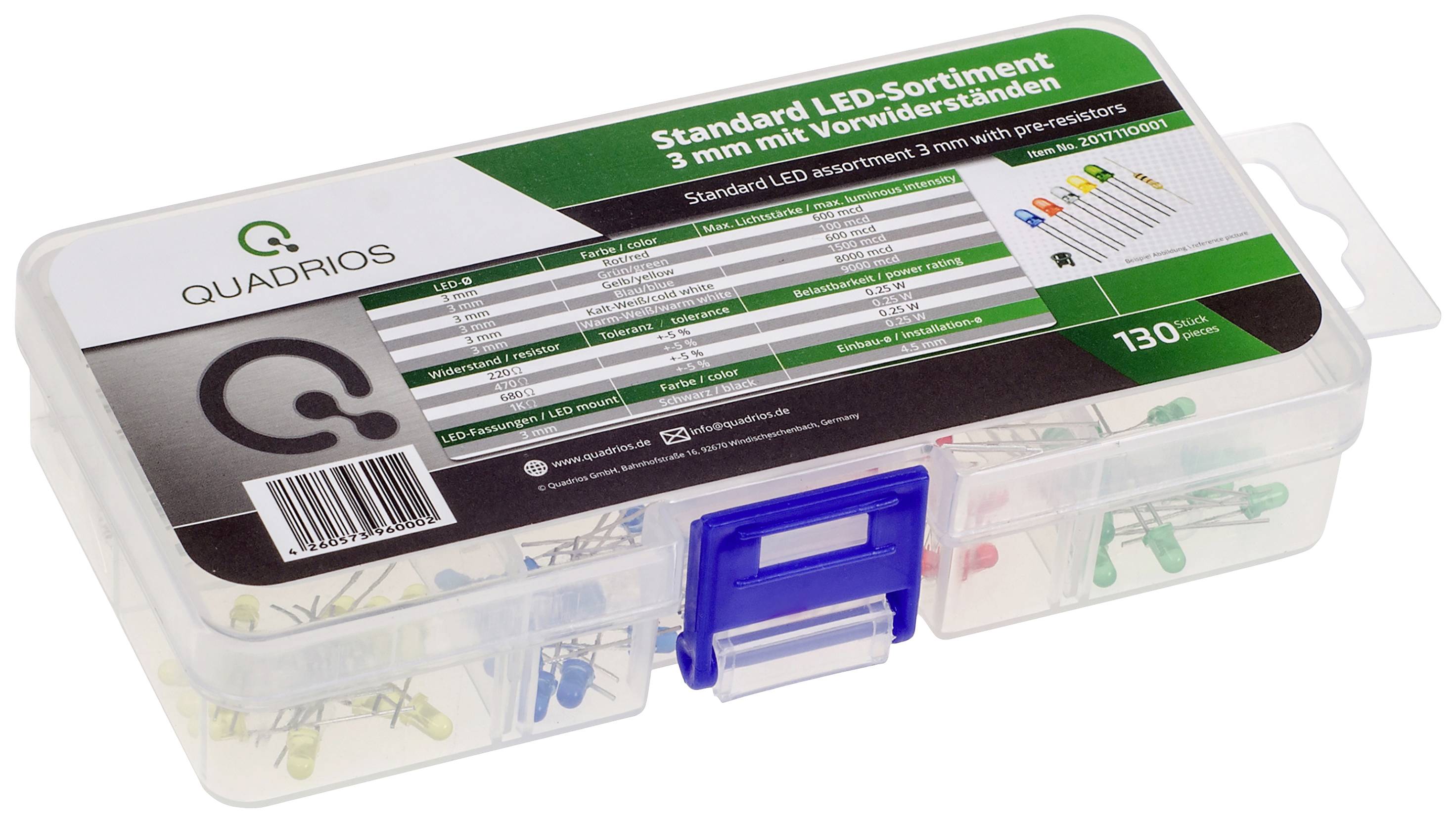 'Box mit Standard LED-Sortiment, 3 mm mit Vorwiderständen, 130 Stück. Enthält Übersicht mit Spezifikationen der LEDs.'