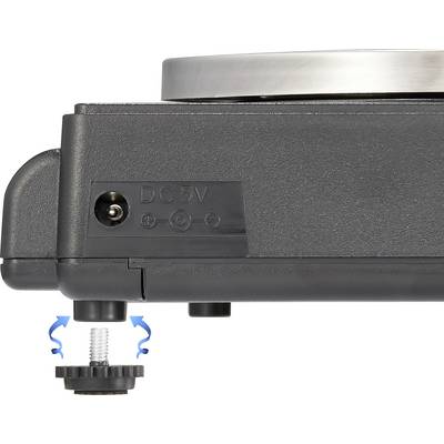 Kleiner elektrischer Apparat mit einer DC5V-Anschlussbuchse und verstellbaren Standfüßen, die durch Drehen eingestellt werden.