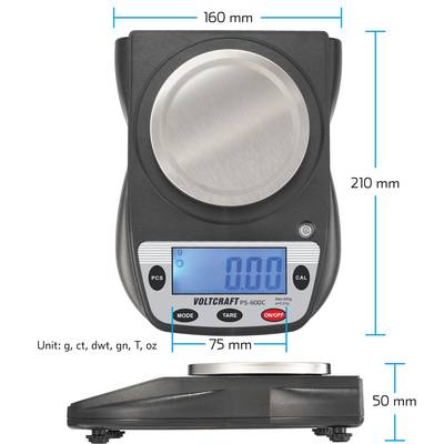 Digitale Waage 'Voltcraft PS-600C' mit blau beleuchtetem Display, zeigt '0.00'. Maße: 160x210x50 mm. Einheit: g, ct, dwt, gn, T, oz.