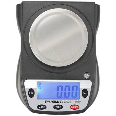 Elektronische Waage mit digitaler Anzeige zeigt '0,00 g'. Marke 'Voltcraft PS-600C'. Tasten für Modi, Tara und Kalibrierung sichtbar.