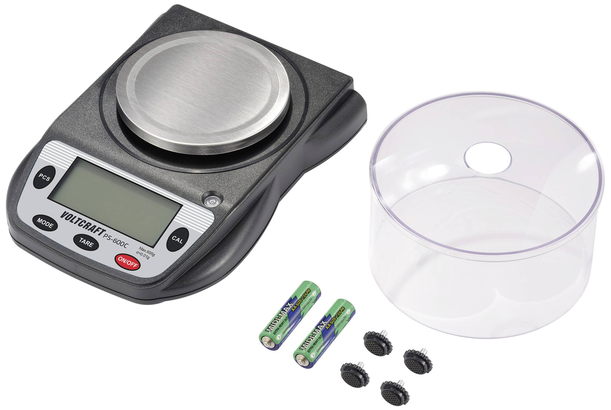 Digitale Feinwaage mit Display, Batterien, transparenter Abdeckung und vier kleinen Füßen. Ideal zum genauen Messen kleiner Gegenstände.