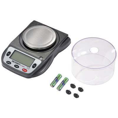 Digitale Feinwaage mit Display, Batterien, transparenter Abdeckung und vier kleinen Füßen. Ideal zum genauen Messen kleiner Gegenstände.