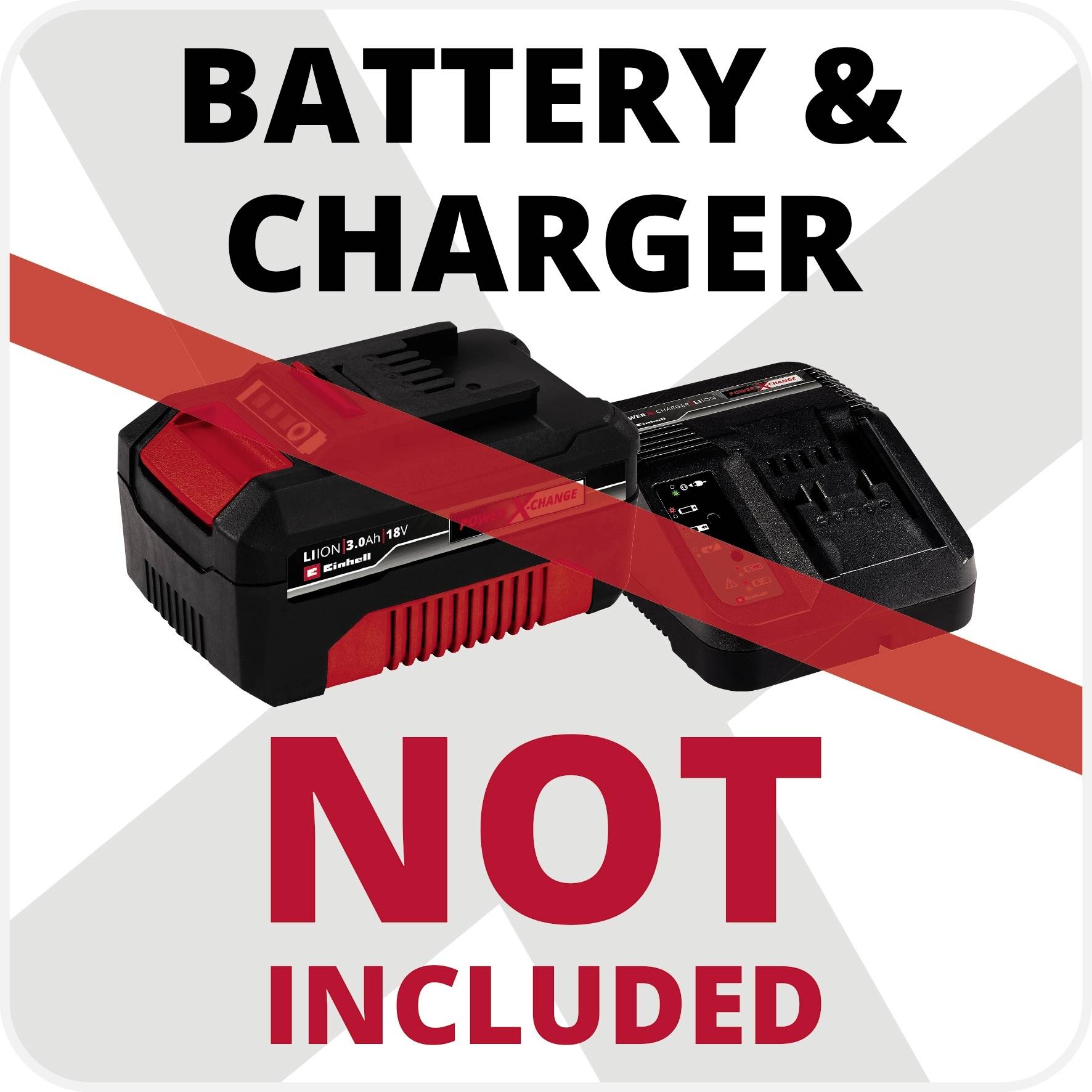 'Batterie & Ladegerät NICHT enthalten' steht über einem Akku und Ladegerät mit rotem Kreuz darüber.