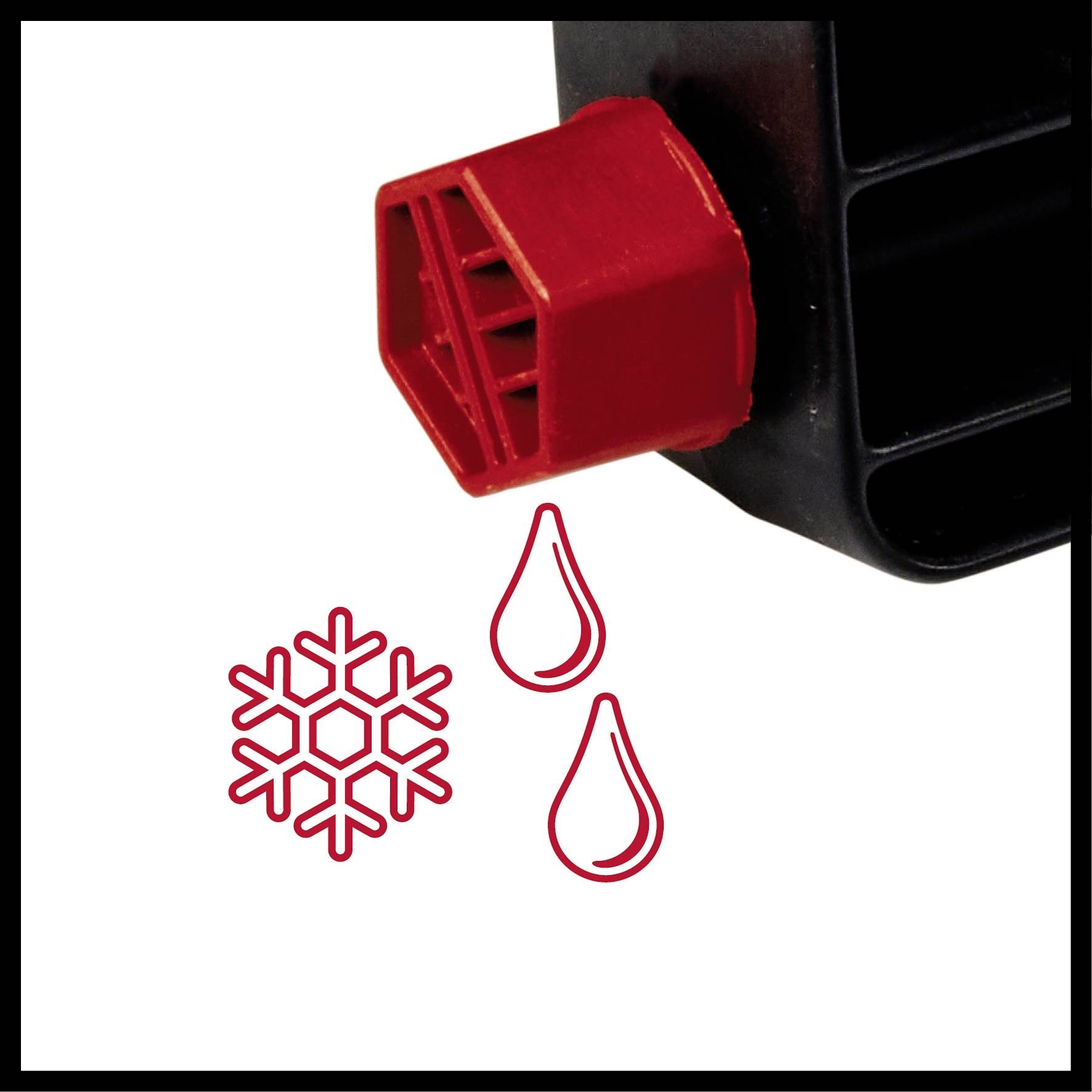 Roter Kunststoffverschluss mit Symbole einer Schneeflocke und Tropfen daneben. Hinweis auf Wasser oder Kühlmedium.