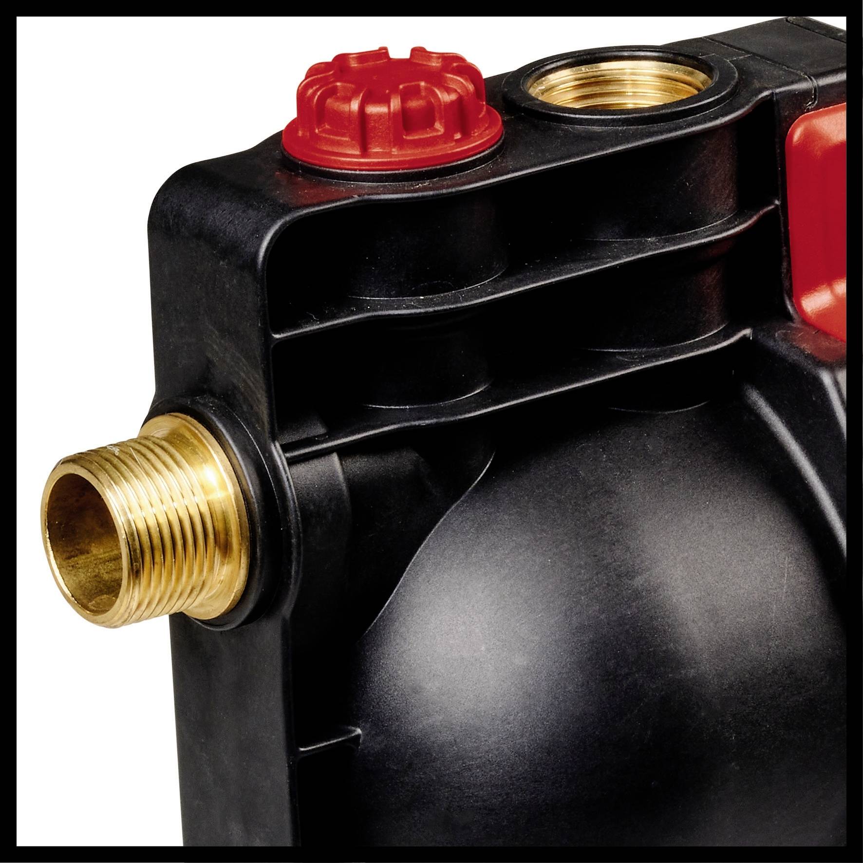 Ein schwarzes mechanisches Bauteil mit einem Messinggewinde und roten Abdeckungen. Es scheint ein Verbindungsteil zu sein.