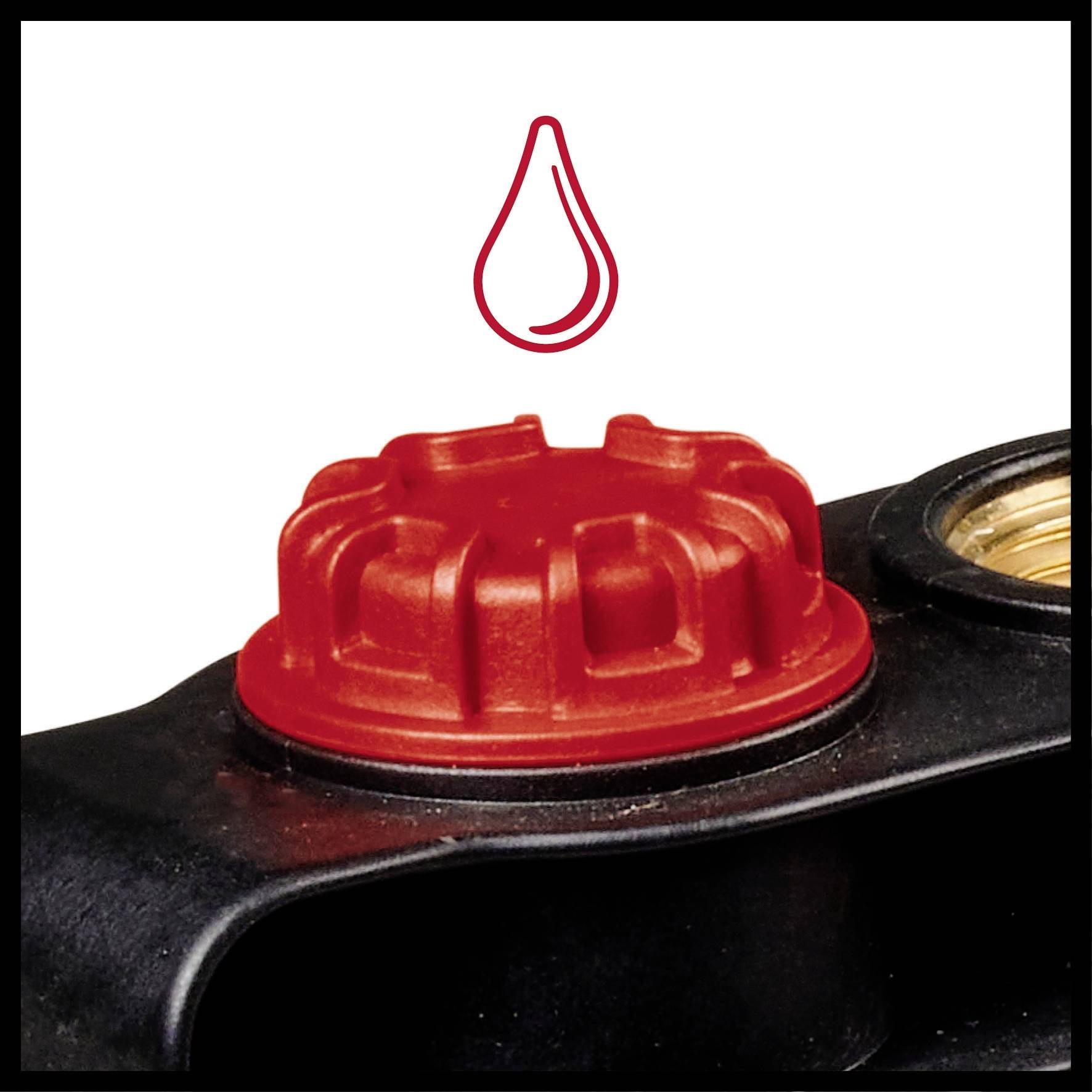 Roter Schraubverschluss auf schwarzem Behälter, daneben ein Wassertropfensymbol. Deutet auf eine Flüssigkeitsbehälteröffnung hin.