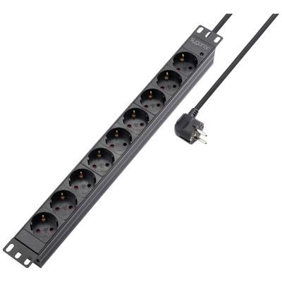 Steckdosenleiste mit acht schwarzen Schuko-Steckdosen und einem schwarzen Netzkabel mit einem Eurostecker. Geeignet für Rack-Montage.