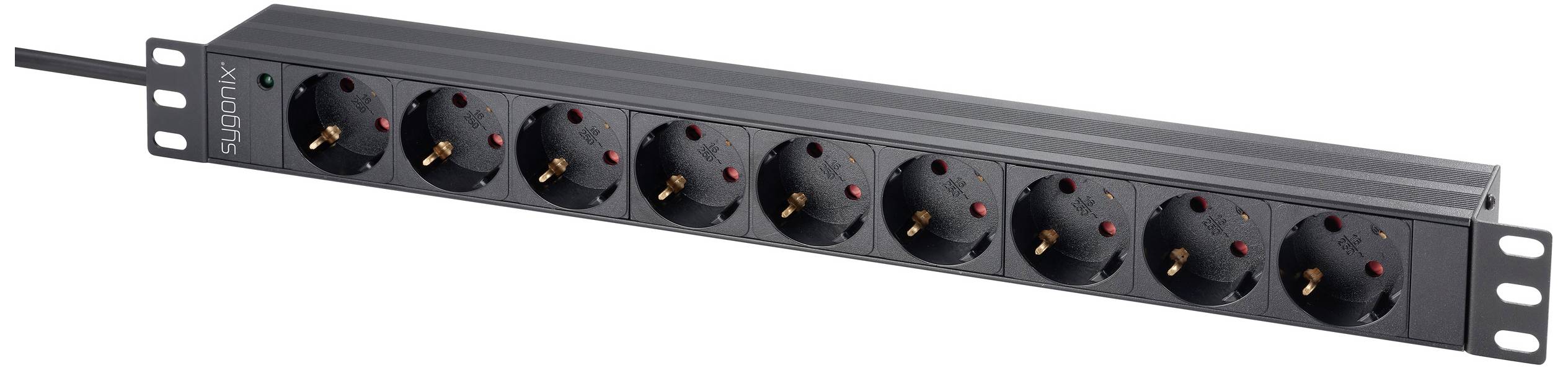 Eine schwarze Steckdosenleiste mit acht Schuko-Steckplätzen und einem Netzkabel, geeignet zur Montage in einem Rack.