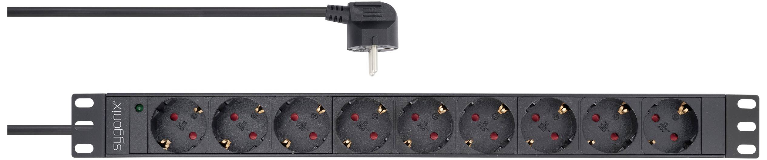 Steckdosenleiste mit neun schwarzen Steckdosen und einem angeschlossenen schwarzen Kabel.