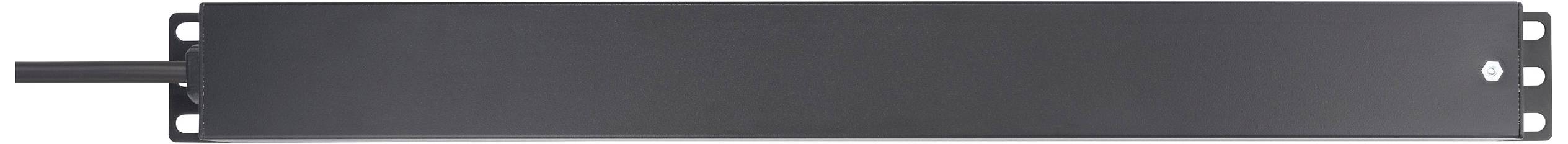 Ein rechteckiges Metall-Shelf in Schwarz mit abgerundeten Ecken, seitlichen Löchern zum Befestigen und einem Kabel auf der linken Seite.