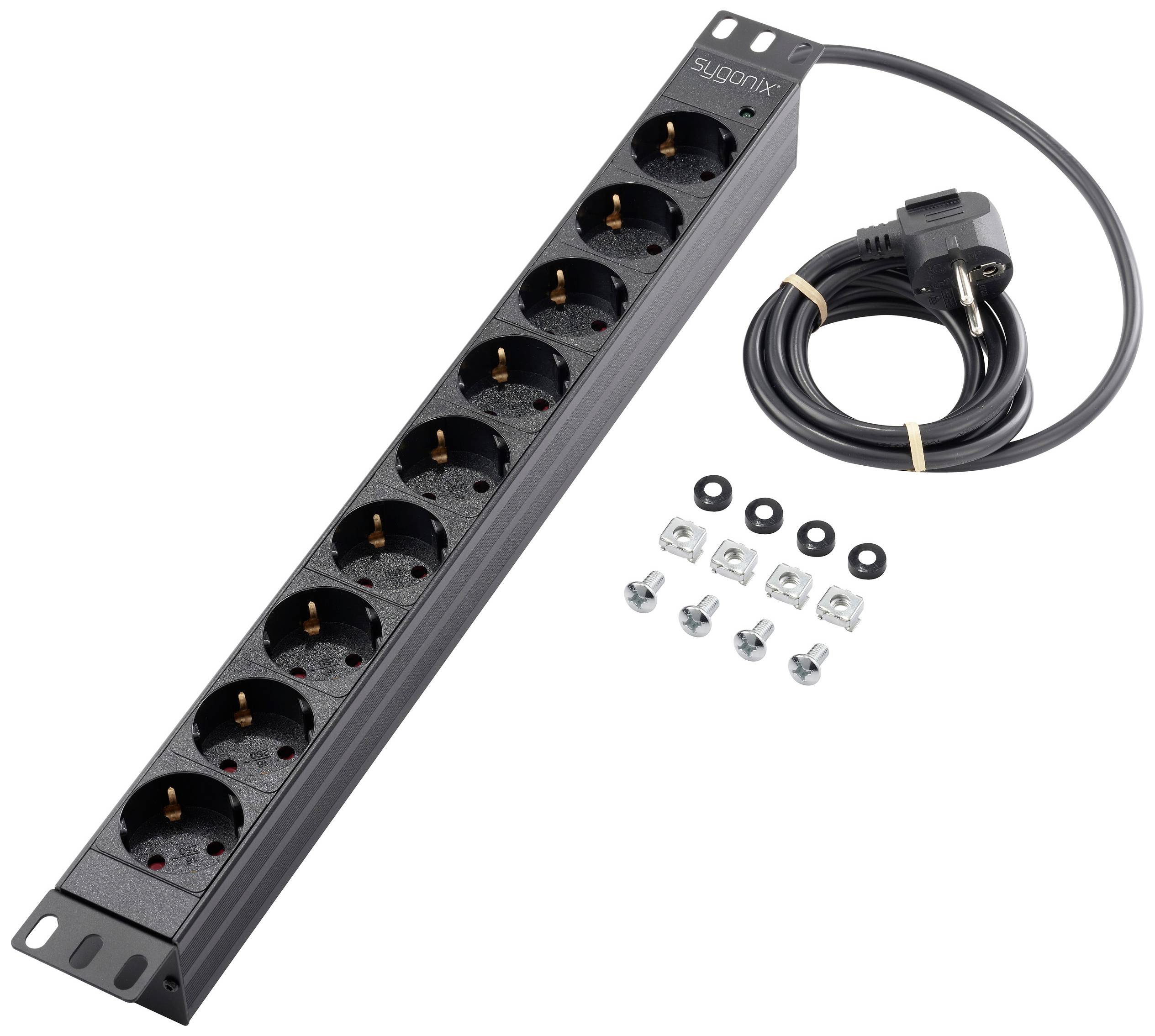 'Steckerleiste mit zehn Steckdosen, schwarzes Design. Enthält lose Schrauben und Muttern für die Montage.'