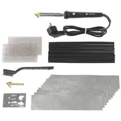 Lötkolben-Set mit Netzkabel, Lötkolbenständer, Bürste, Dreikantdüse, Alublechen und Gitterstücken. Ideal für Heimwerkerarbeiten.