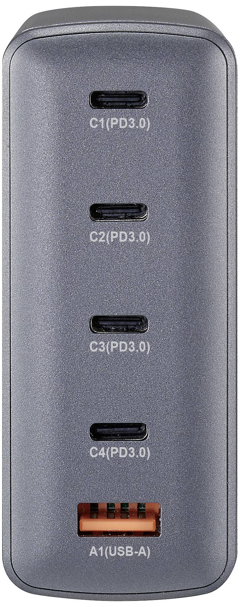 Ein Ladegerät mit vier USB-C-Anschlüssen, beschriftet als 'C1(PD3.0)', 'C2(PD3.0)', 'C3(PD3.0)', 'C4(PD3.0)', und einem USB-A-Anschluss, beschriftet 'A1(USB-A)'.