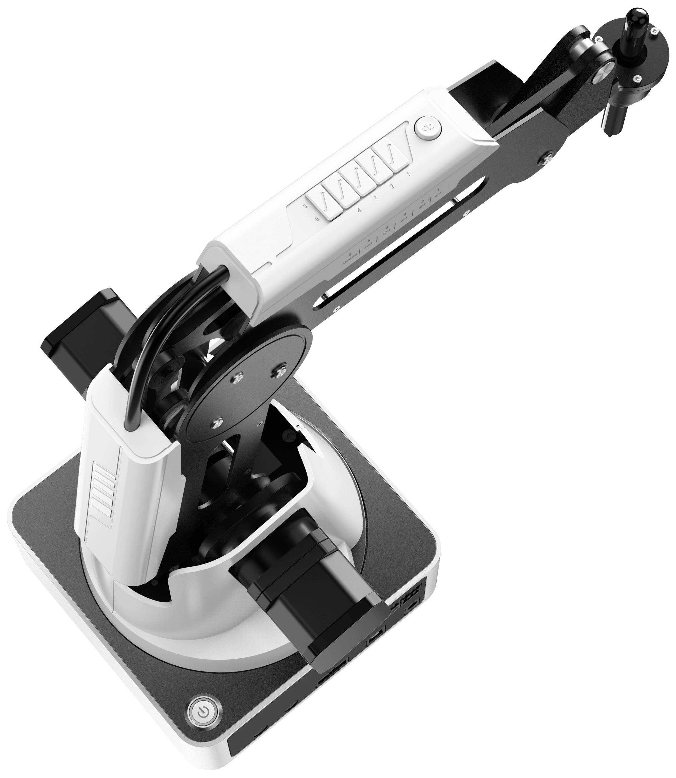 Ein moderner Roboterarm mit mehreren Gelenken und einem Greifer, auf einer quadratischen Basis montiert, aus einer schrägen Perspektive.