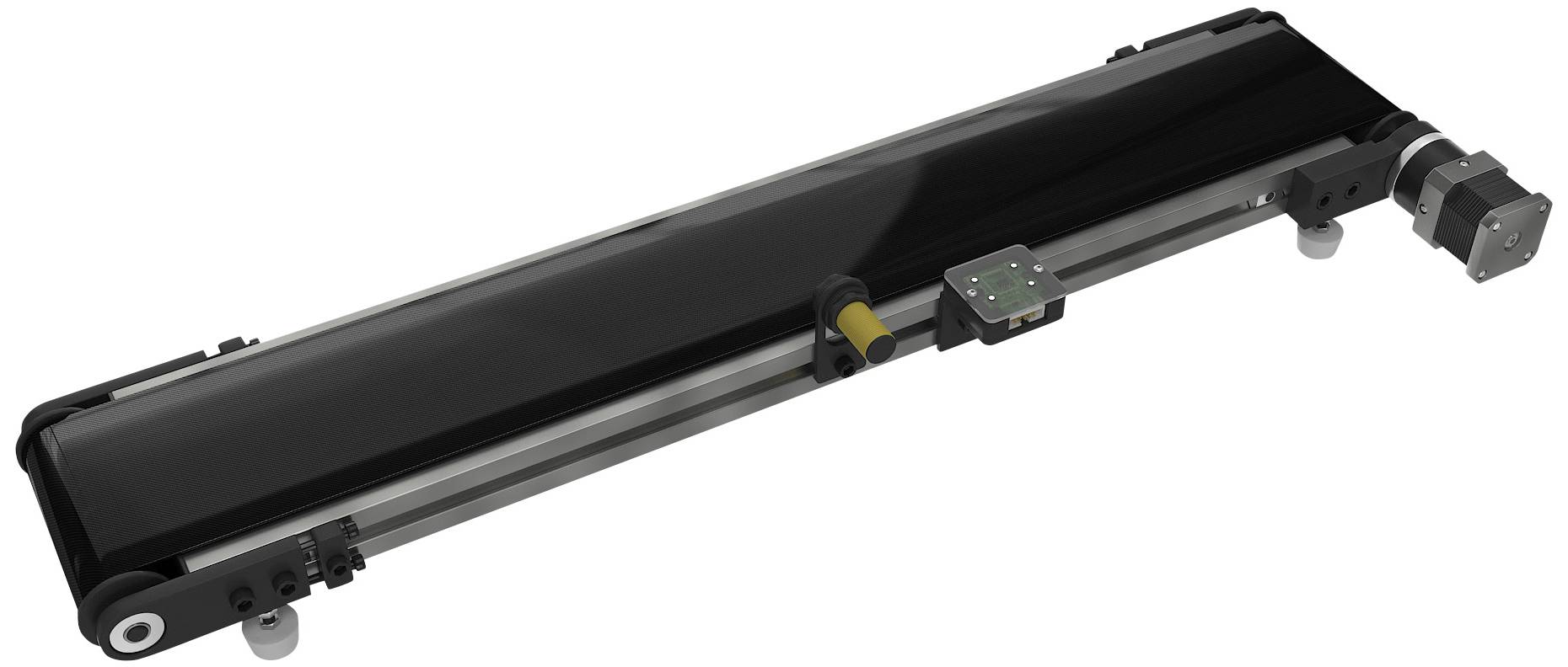 Ein langer, schwarzer Förderbandmechanismus mit einem Motor an einem Ende, zeigt die Struktur und Komplexität industrieller Fördertechnik.