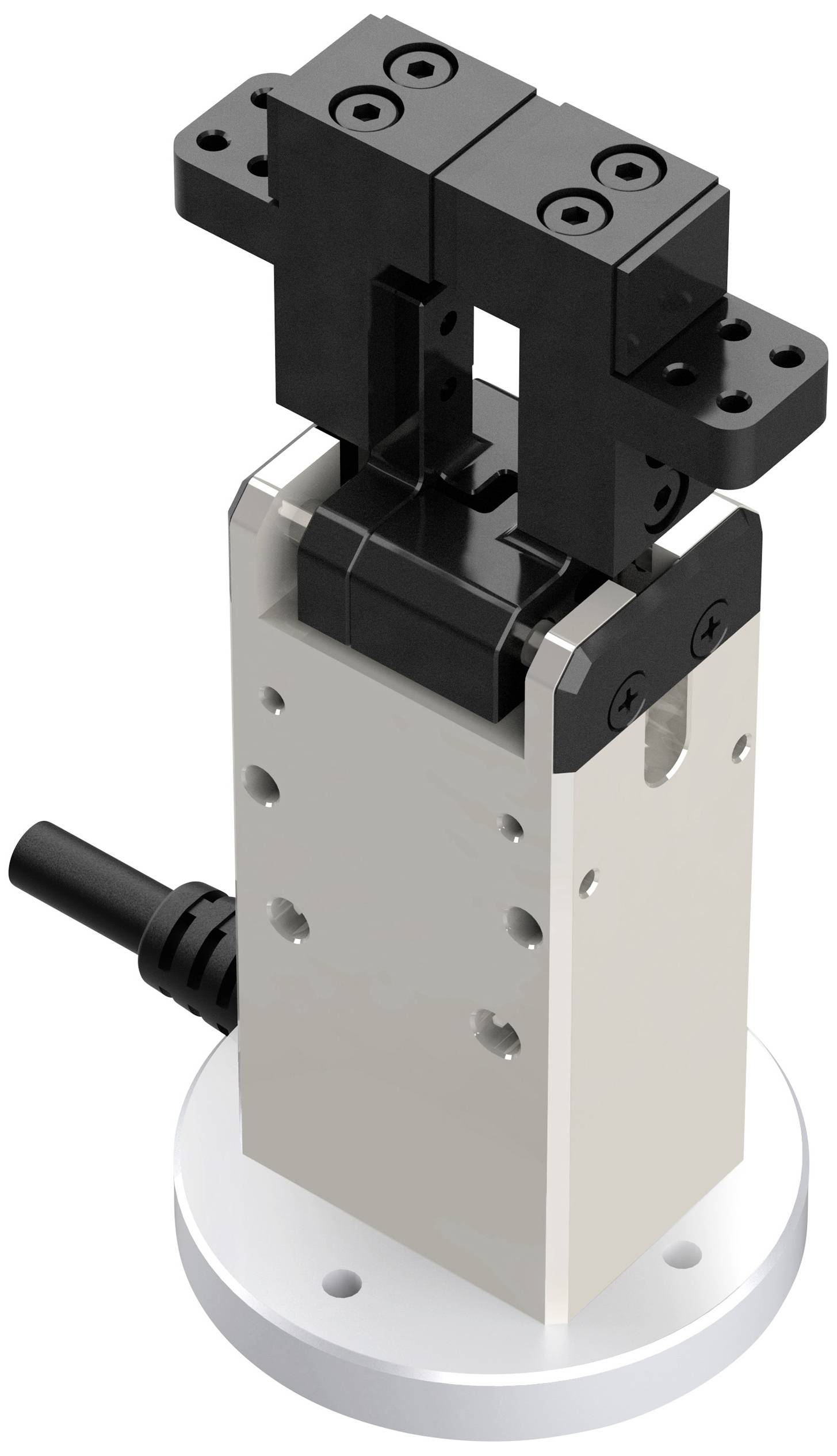 Metallisches, rechteckiges Bauteil mit schwarzer Greifvorrichtung oben, montiert auf zylindrischer Basis. Verwendet in Maschinen.
